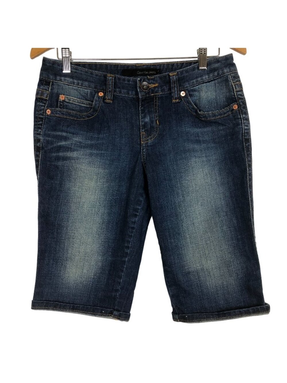 Calvin Klein Womens Denim Bermuda Shorts Size 8 Mid-Rise Casual Blue Stretchy